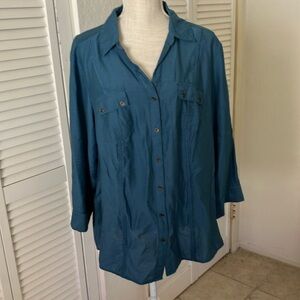 Roz & Ali Teal Blue Button down blouse with roll‎ up sleeves size 2X